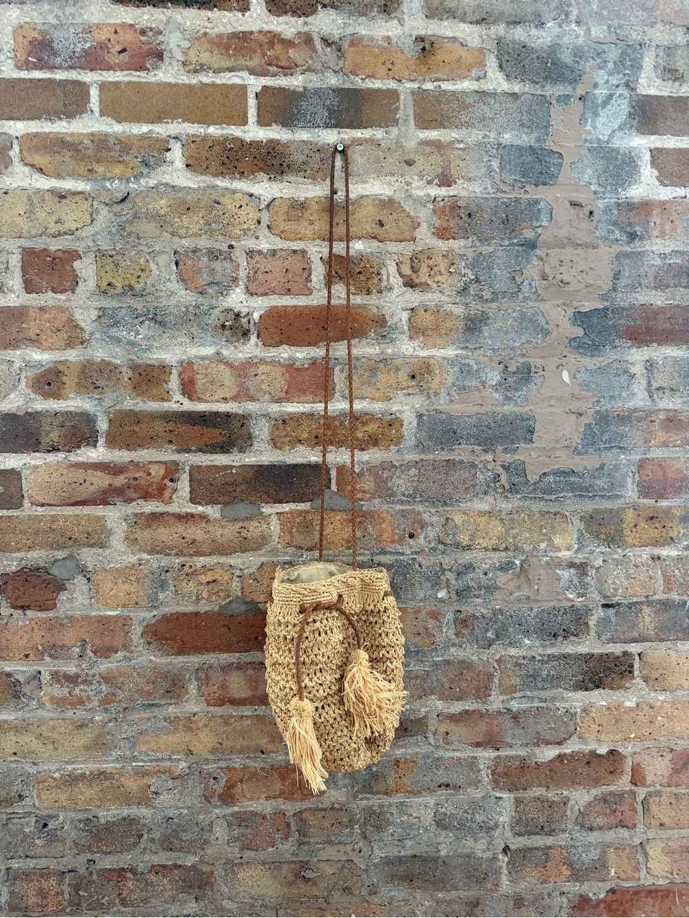 Hat Attack Natural Raffia Tassel Crossbody Bag - Beige